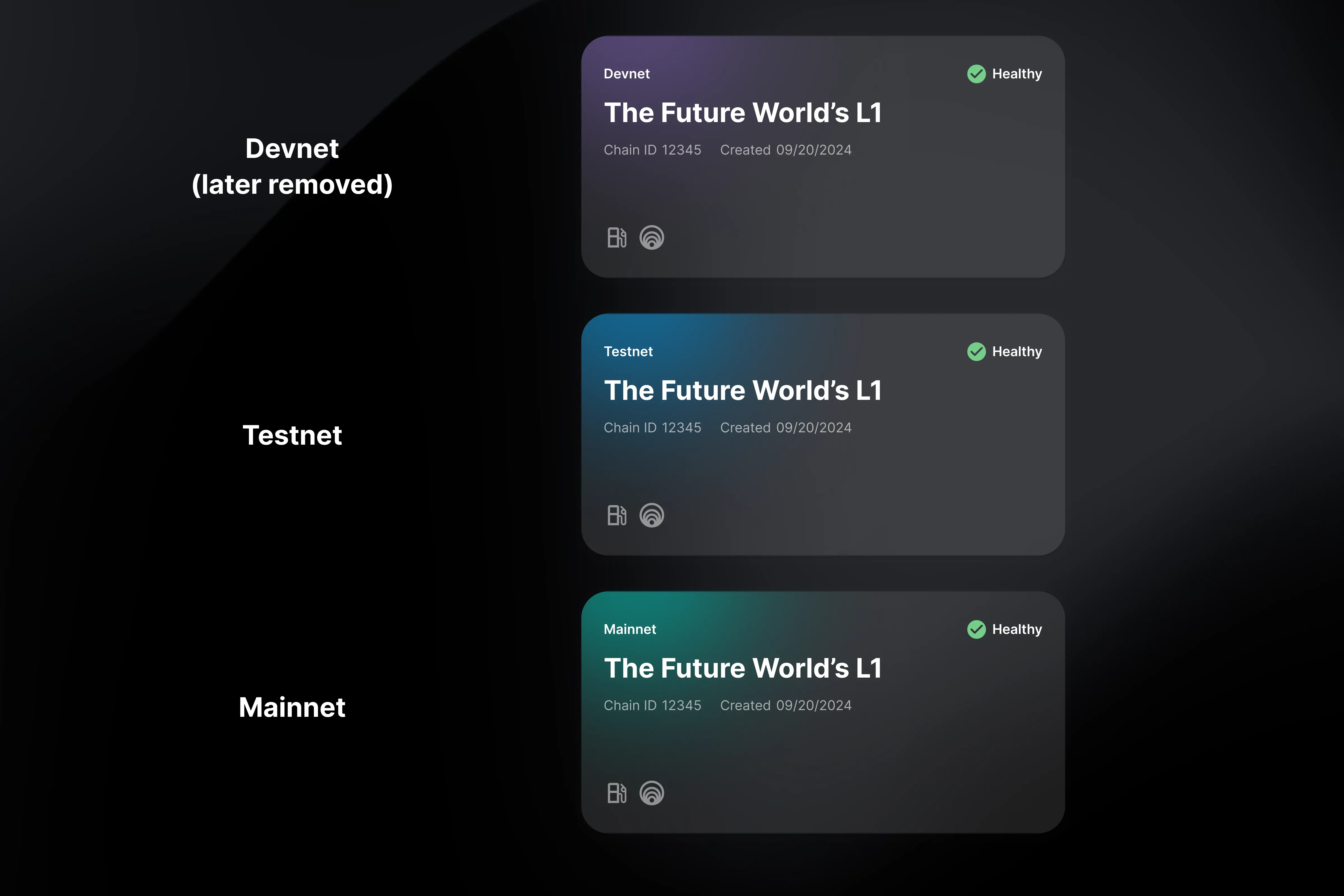 Card variations across network types — Devnet, Testnet, and Mainnet with distinct color treatments