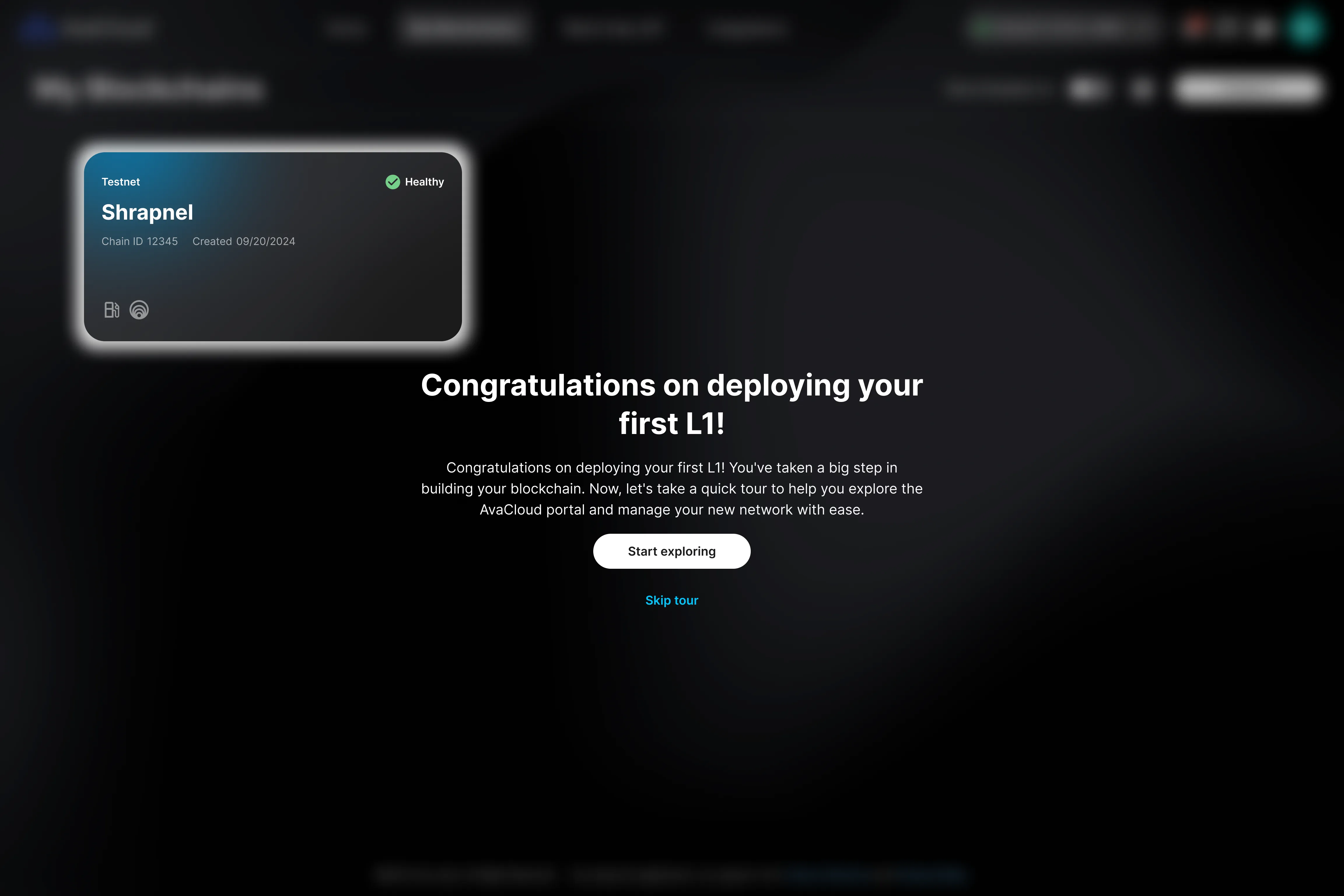 Celebration screen congratulating the user on deploying their first L1