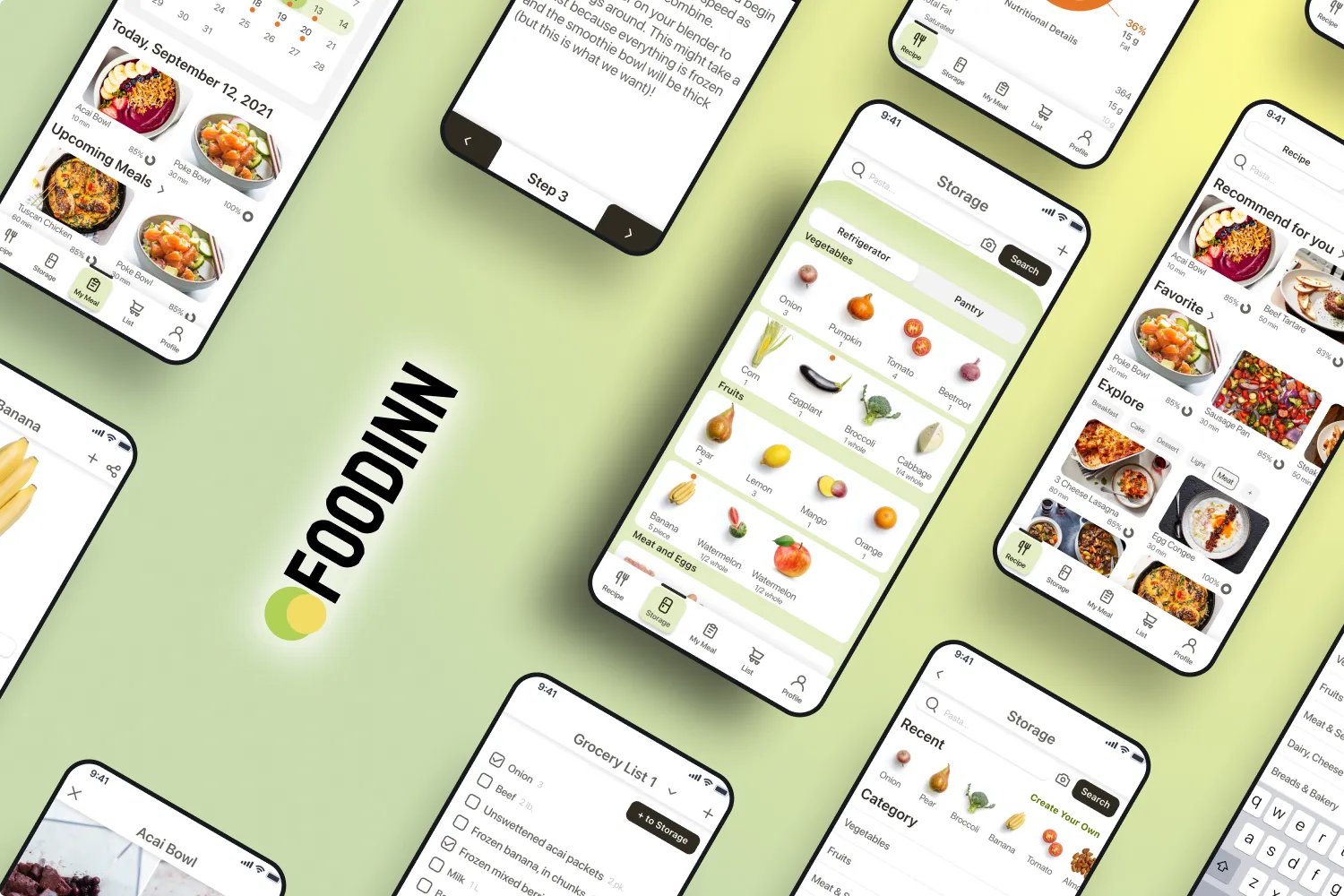 FoodInn final product — isometric layout of mobile screens showing meal planning, digital storage, recipe browsing, grocery list, and cooking steps