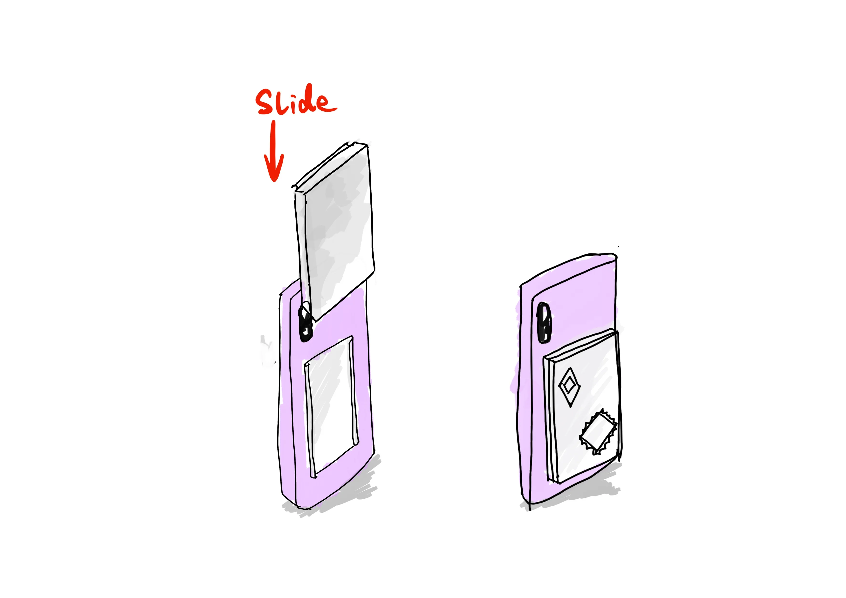 Phone case variation sketch showing a sliding back panel with decorative charms