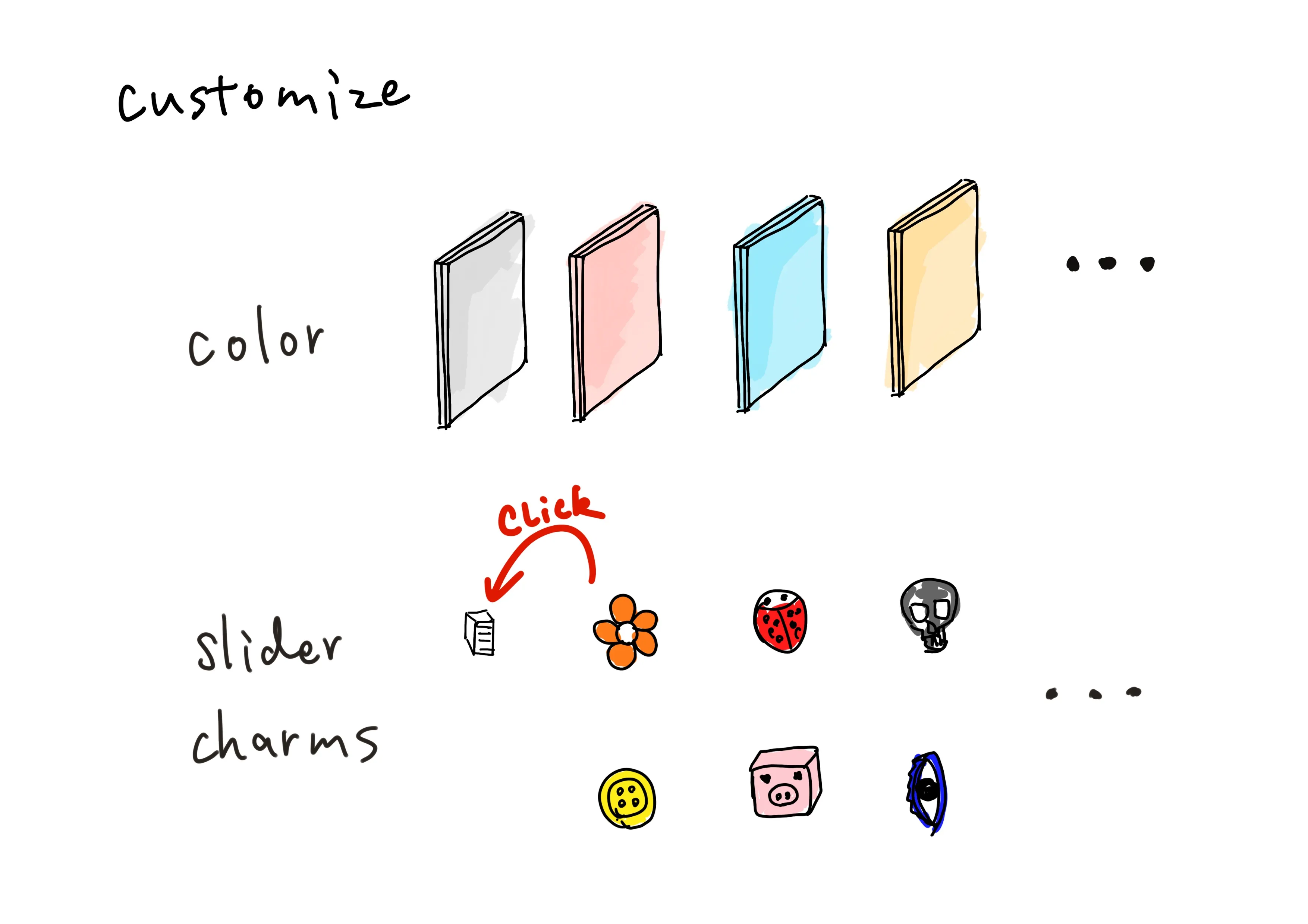 Customization options sketch showing color choices and interchangeable slider charms like flowers, ladybugs, and other icons