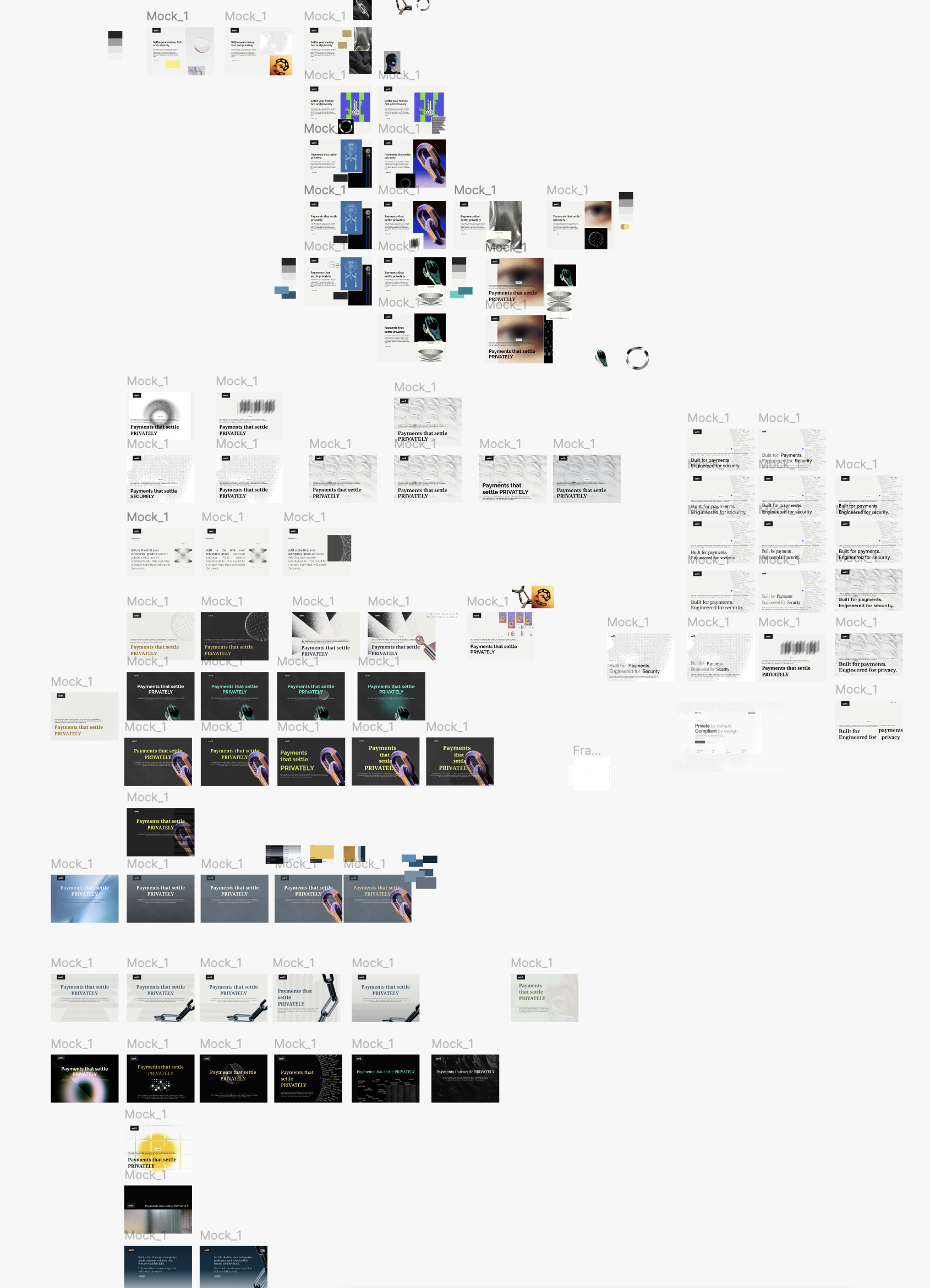 A dense grid of post-workshop visual explorations for the SETTL brand — dozens of mocked layouts, type lockups, and imagery directions clustered by tone and audience, each tested against the workshop's persona and tone-scale anchors