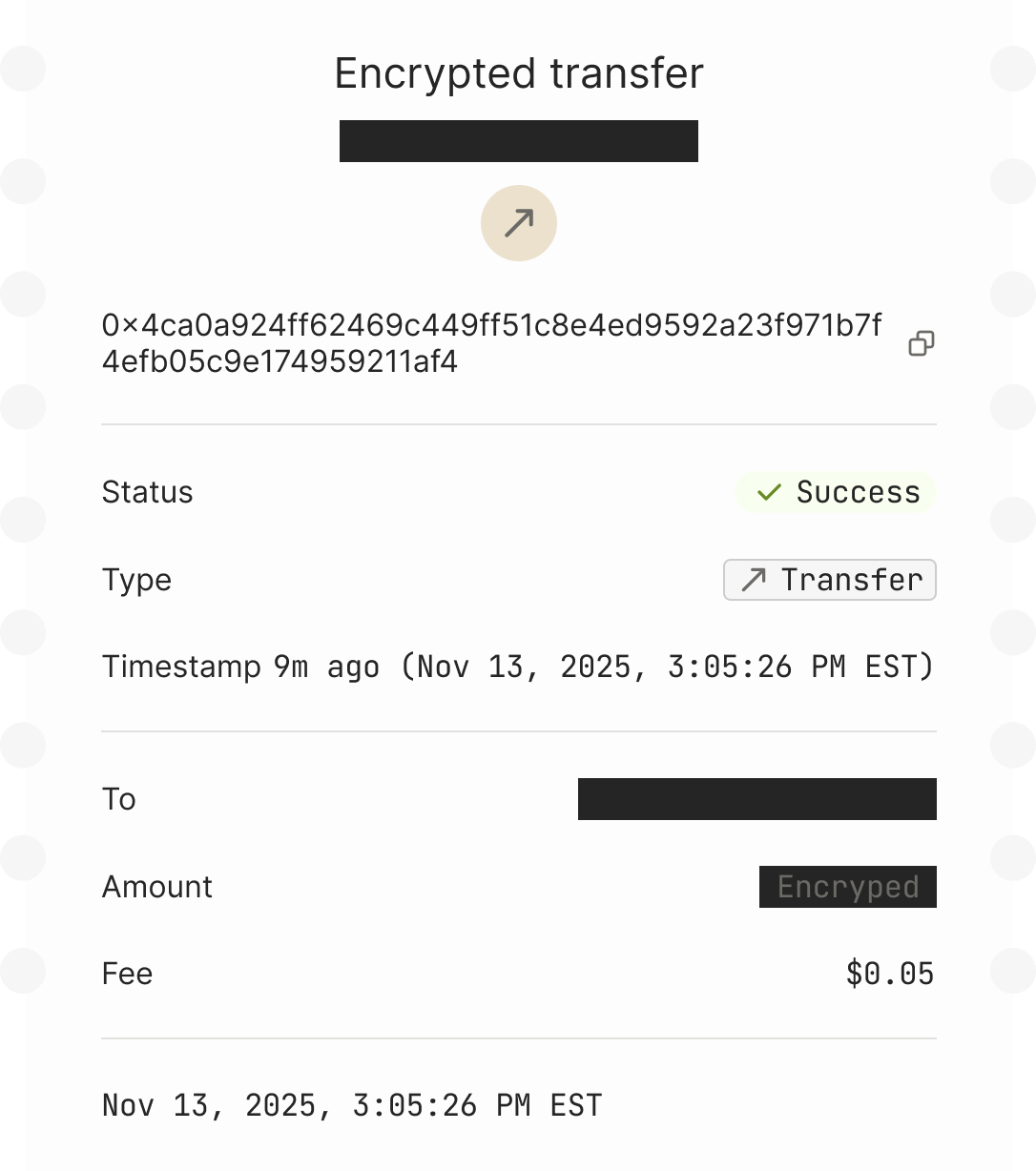 Exploration 2, variant C — redundant/paranoid encryption treatment with heavy redaction marks