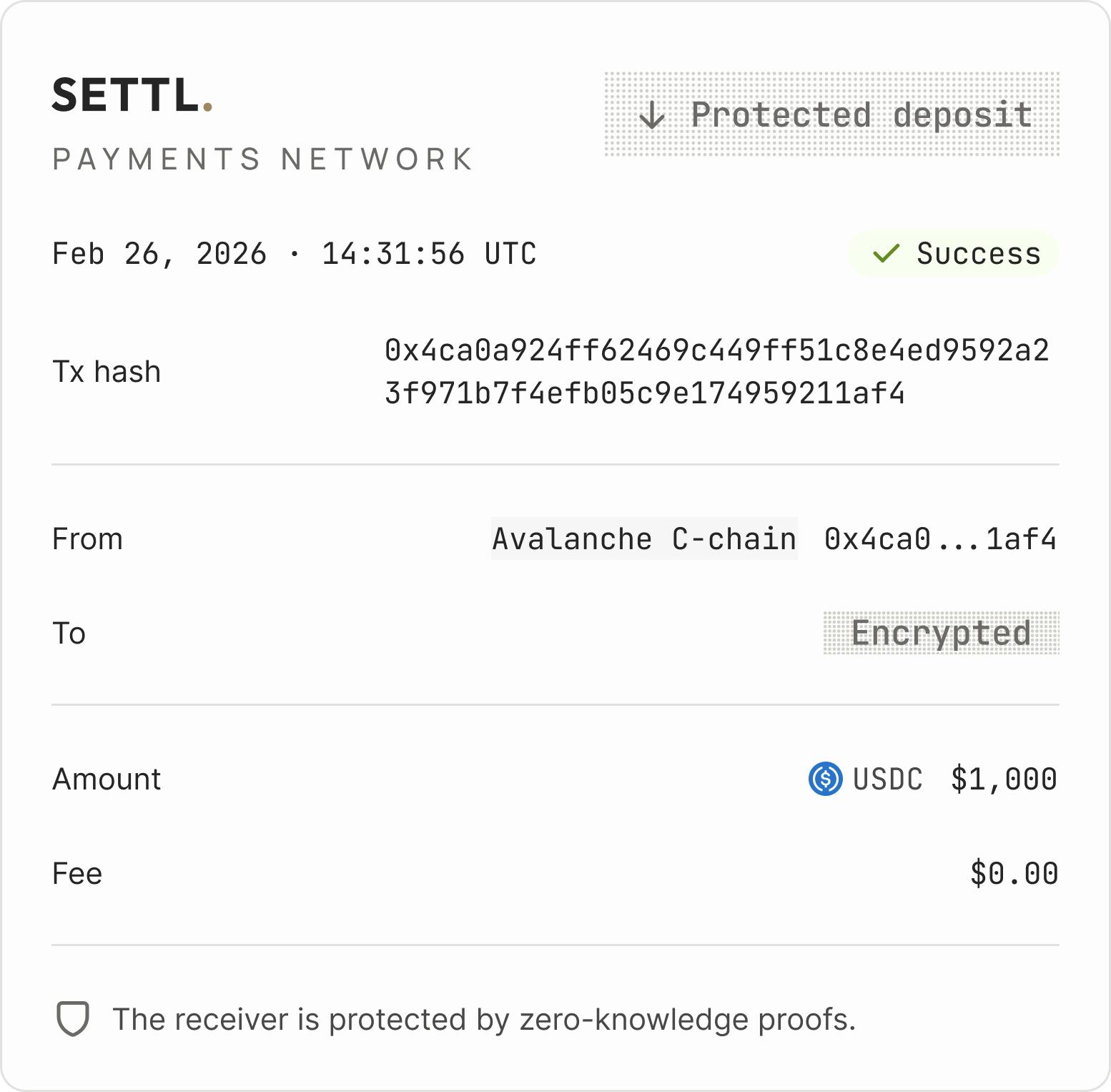 Final design — Explorer receipt for a deposit transaction with encrypted fields treated as a styled artifact