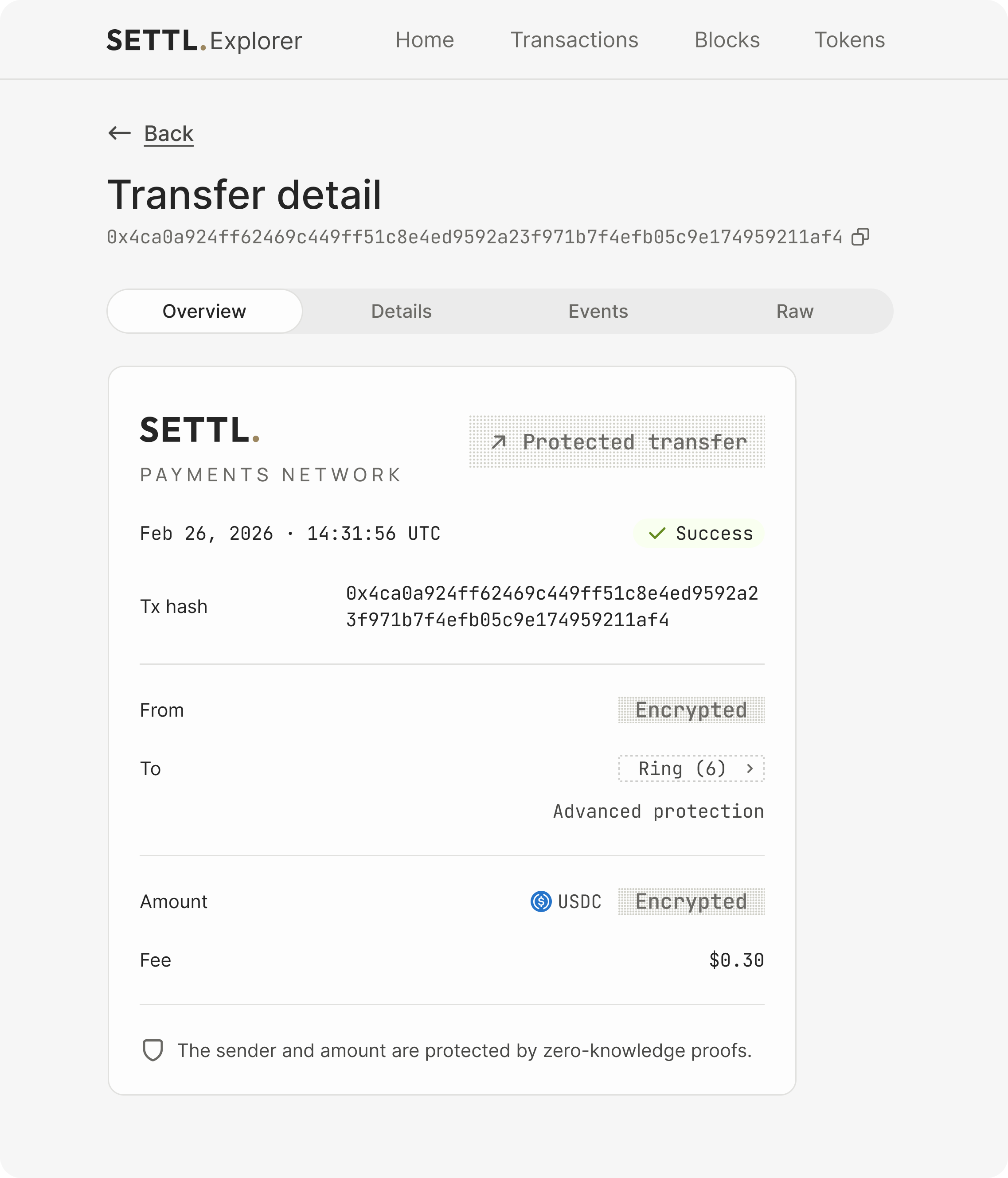 The transfer receipt as it appears in the live Explorer — full screen view in product context