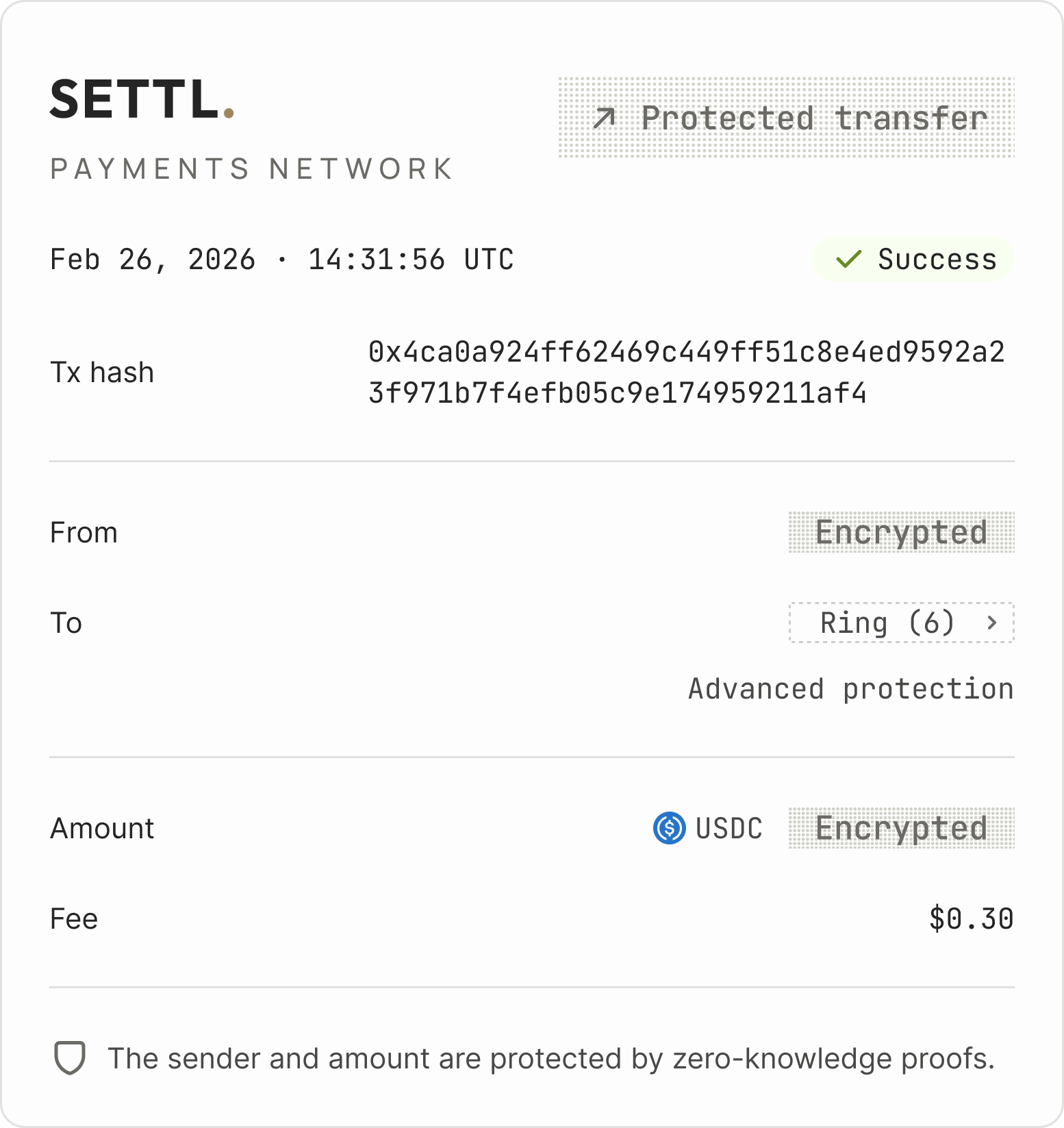 Final design — Explorer receipt for a transfer transaction with encrypted fields treated as a styled artifact