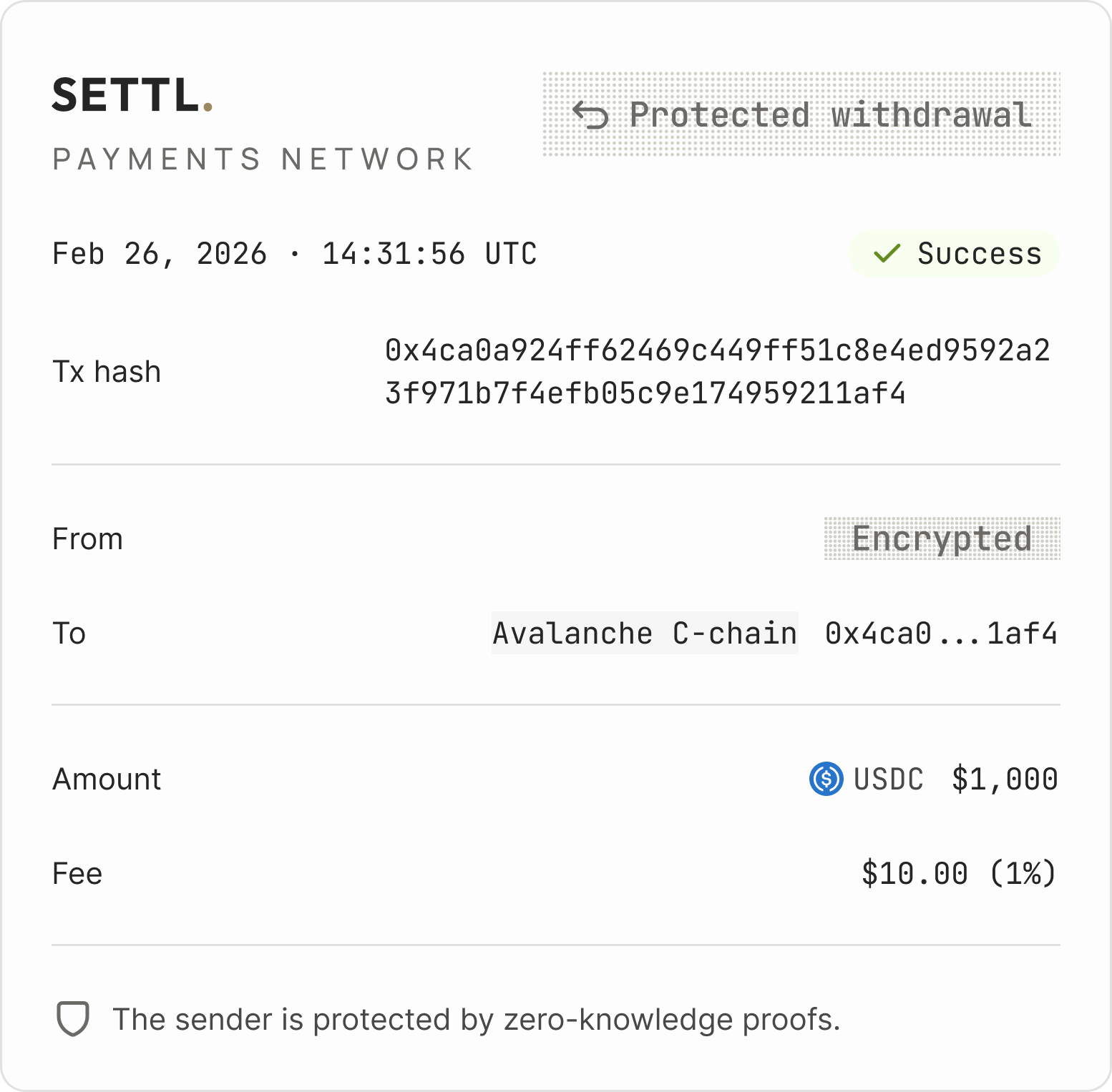Final design — Explorer receipt for a withdrawal transaction with encrypted fields treated as a styled artifact