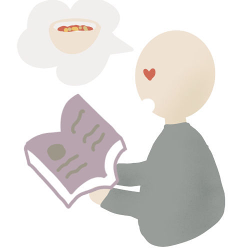 Illustration — person reading a cookbook, thinking about food
