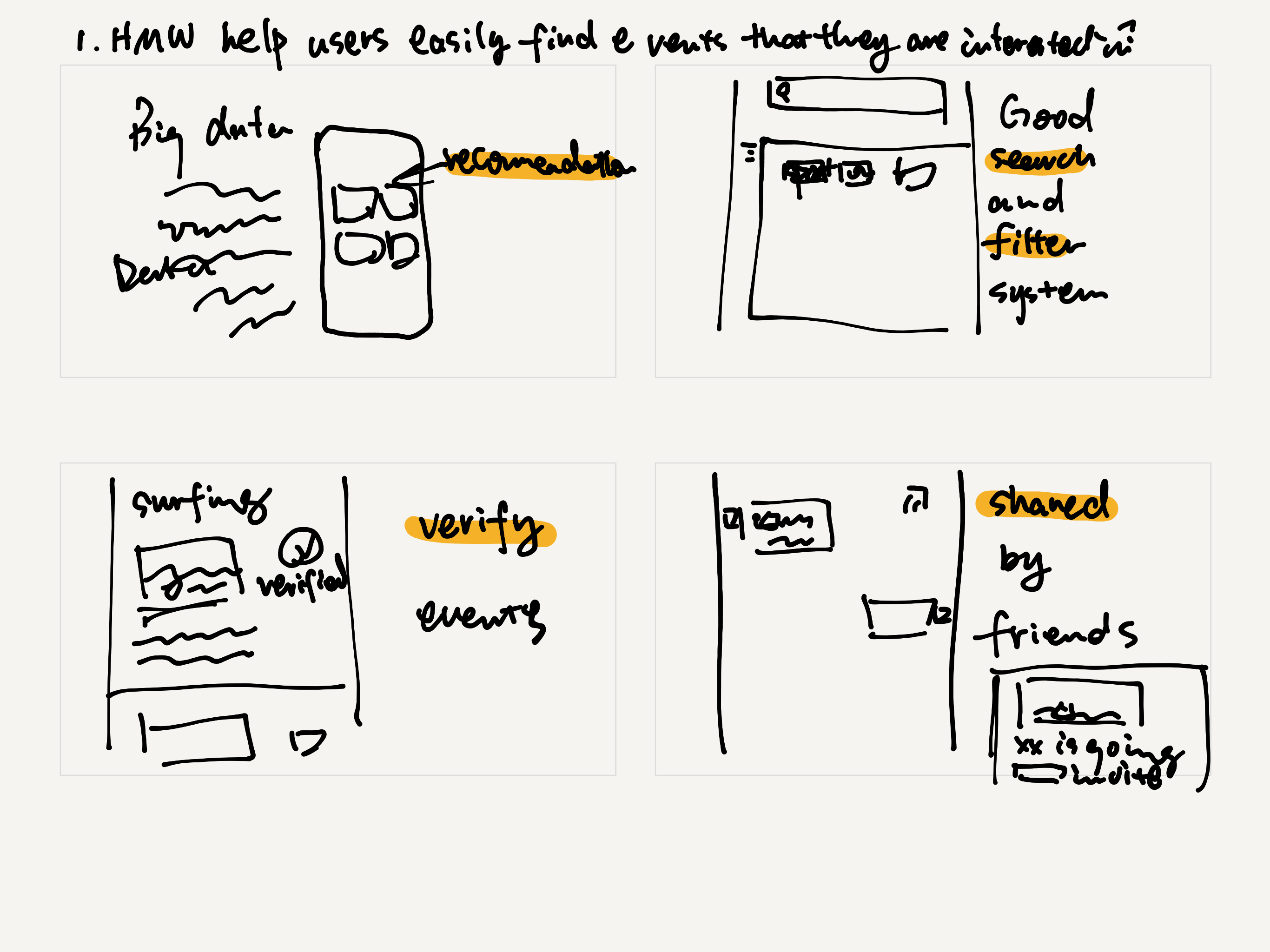 Ideation sketch — event discovery through recommendations, search, verified events, friend sharing