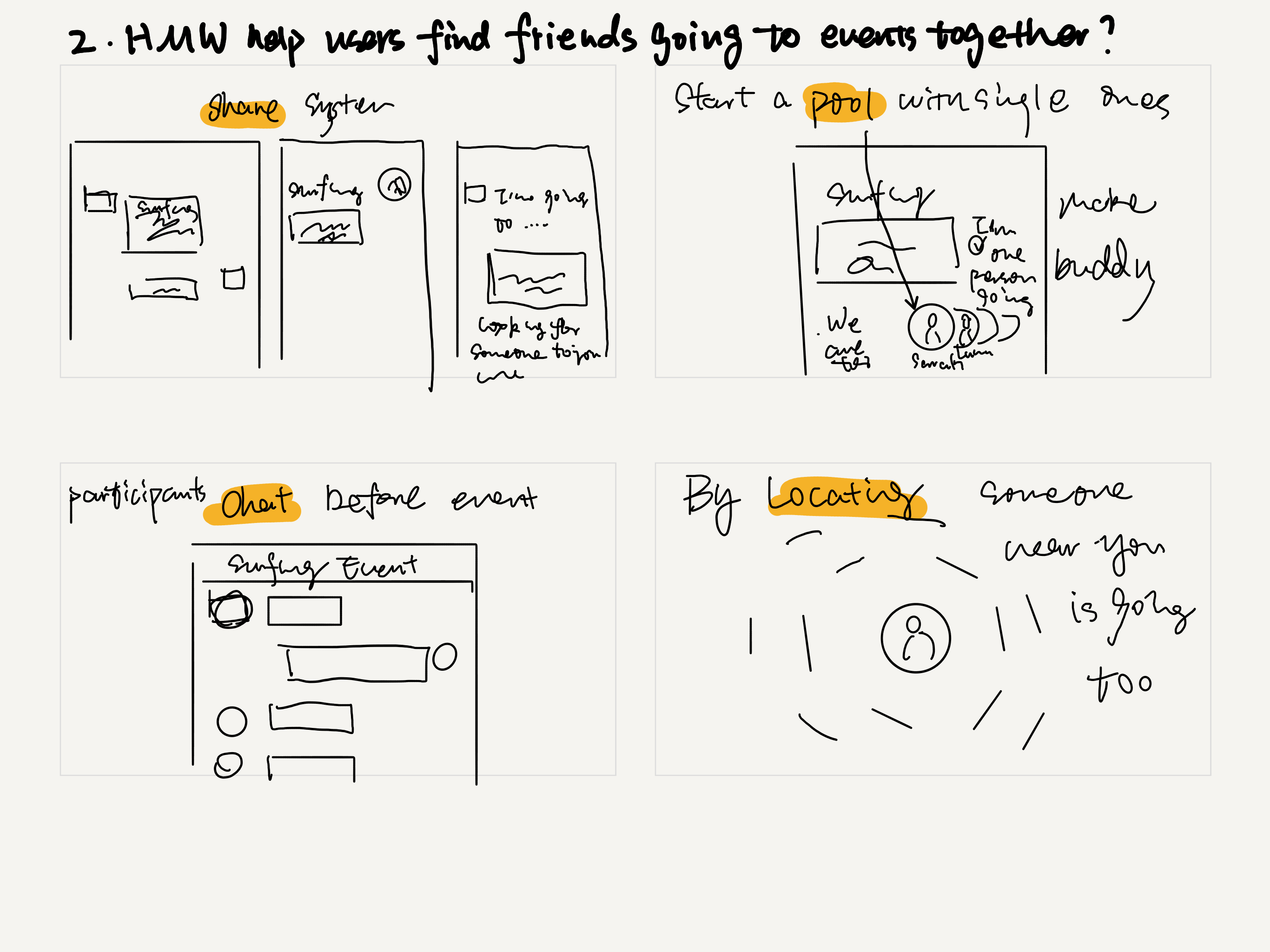 Ideation sketch — finding friends for events through buddy pools, pre-event chat, location-based matching