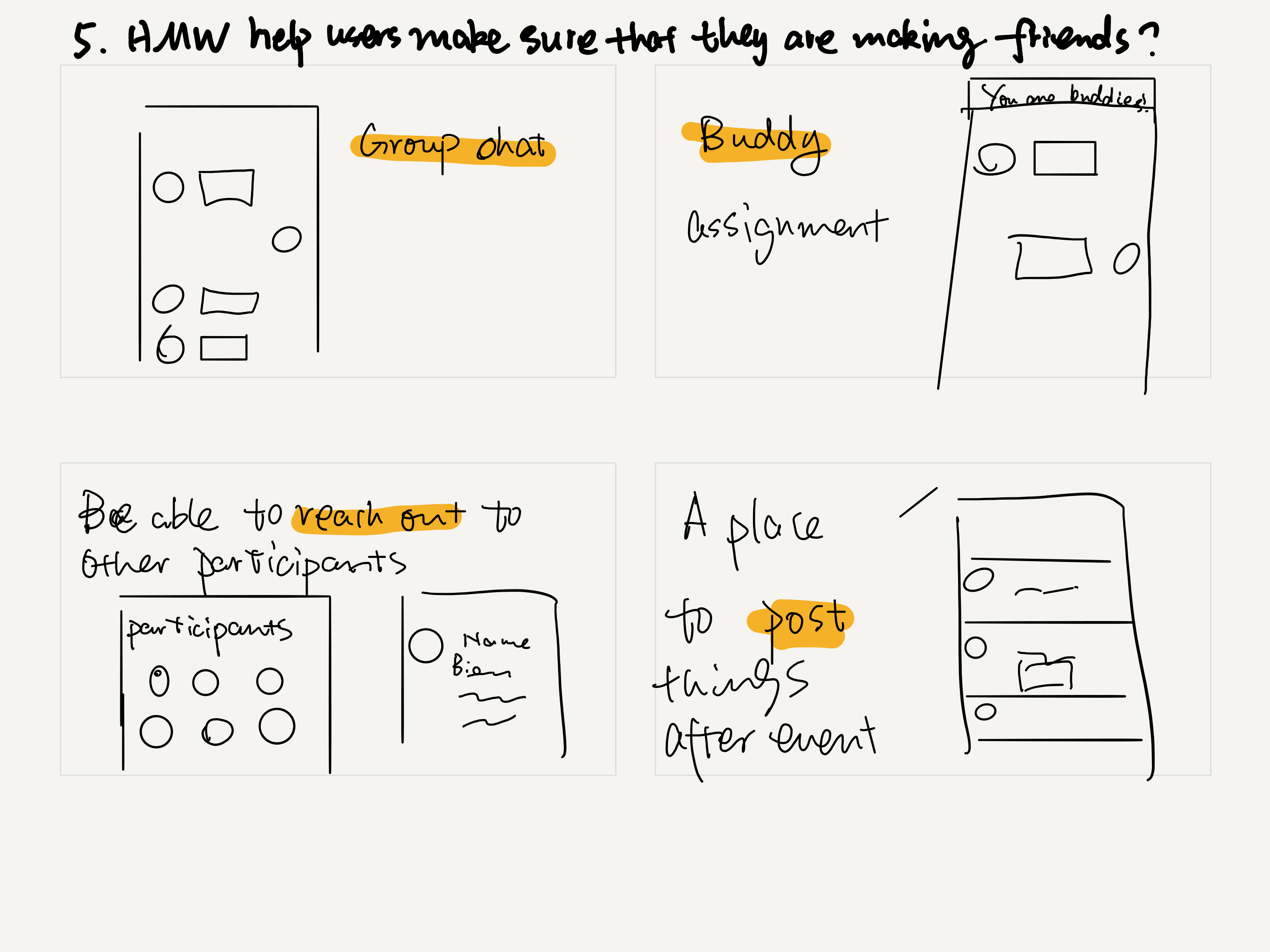 Ideation sketch — ensuring connection through group chat, buddy assignment, participant profiles