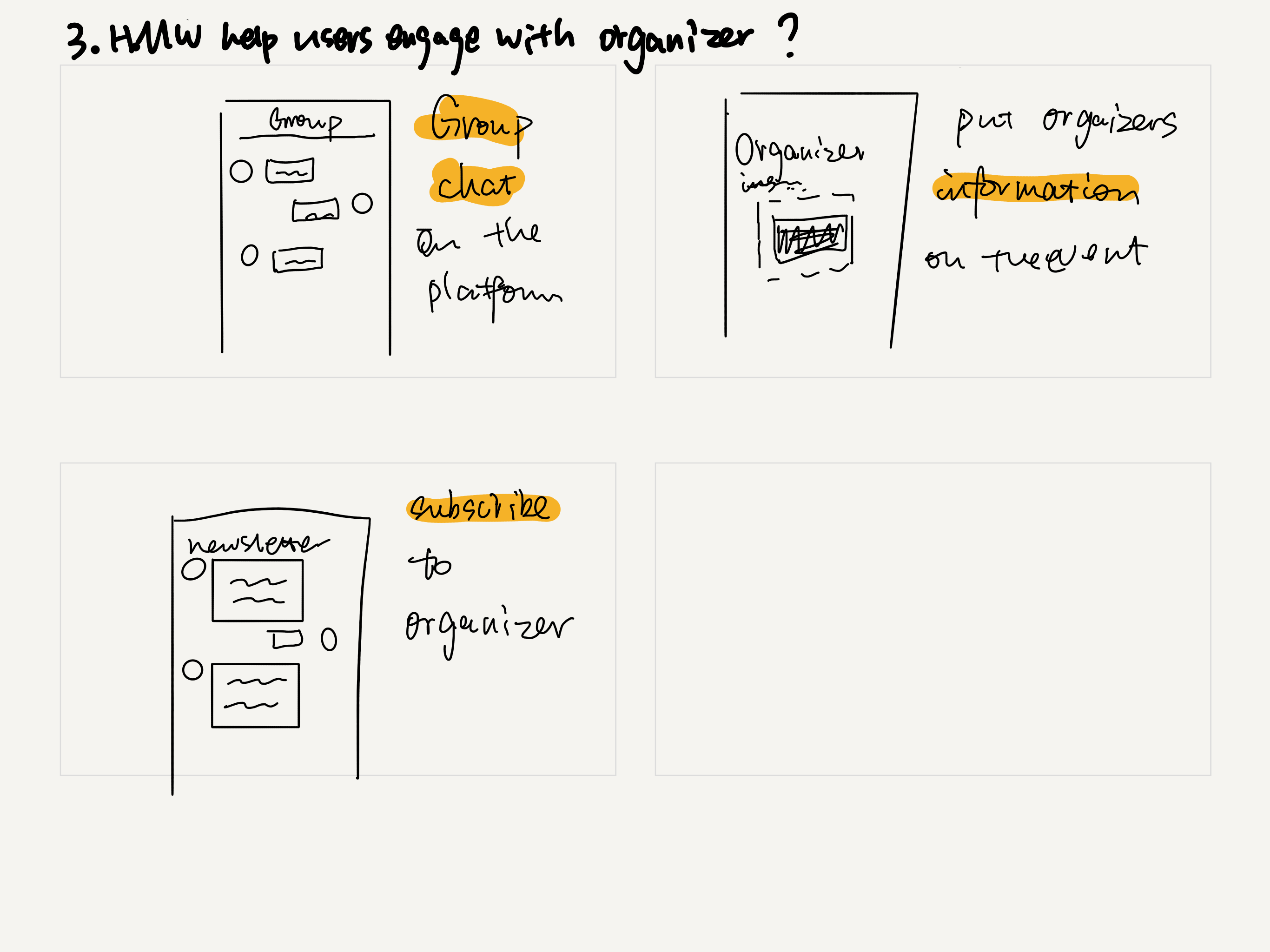 Ideation sketch — engaging with organizers through group chat, organizer info, newsletter subscriptions