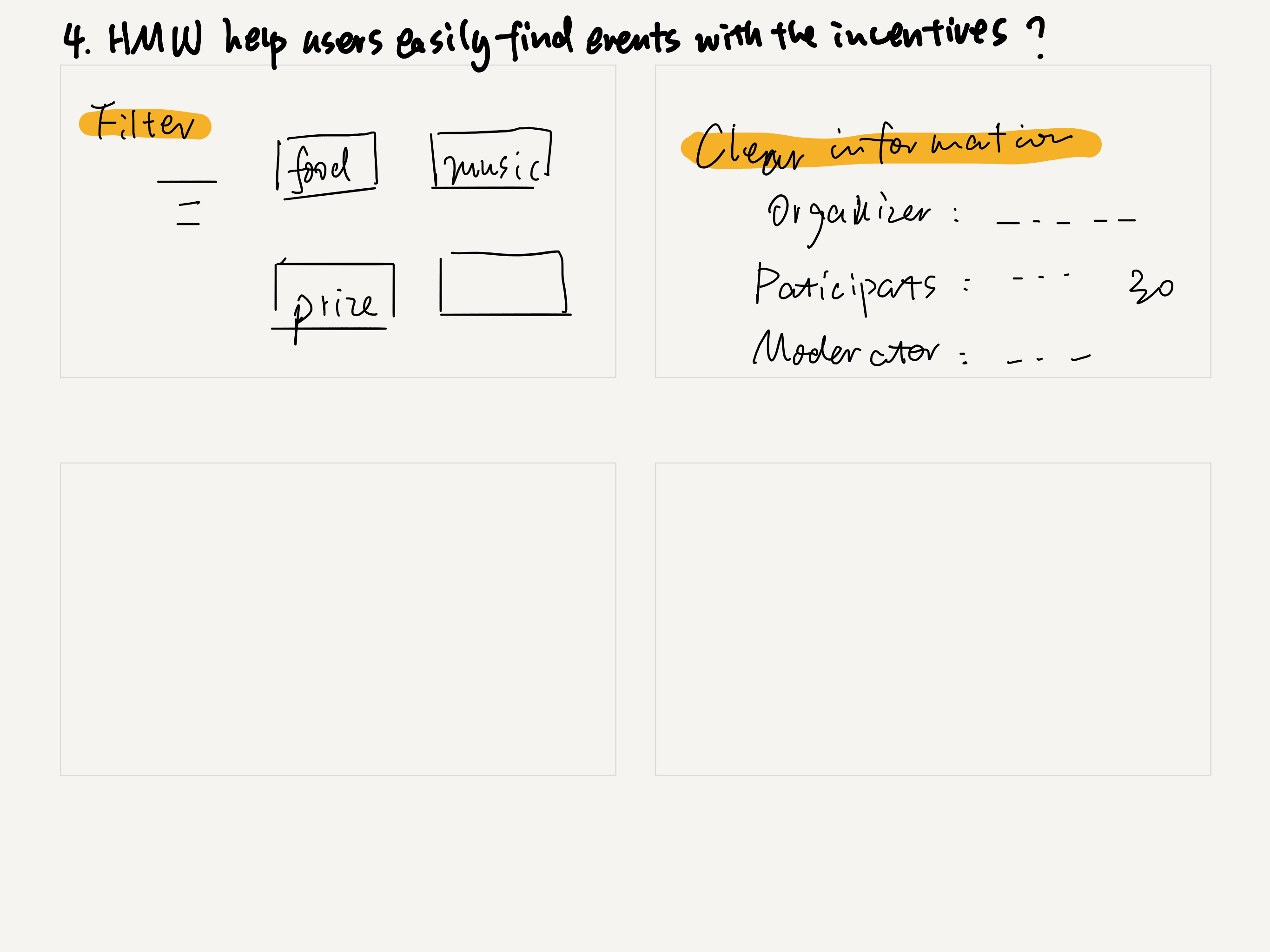 Ideation sketch — finding events with incentives through filters, clear information