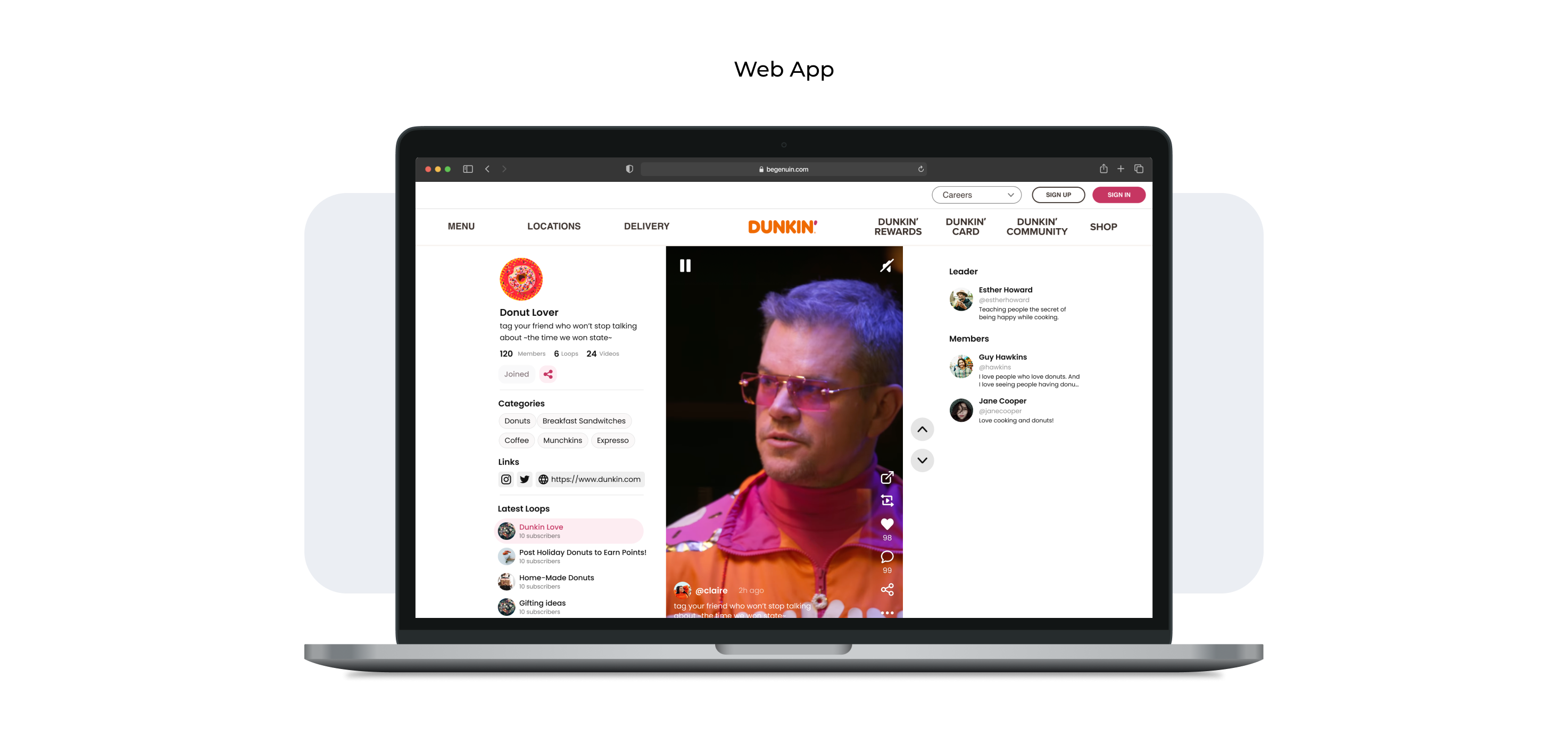 Desktop web app — Dunkin' Community embedded in the brand's website