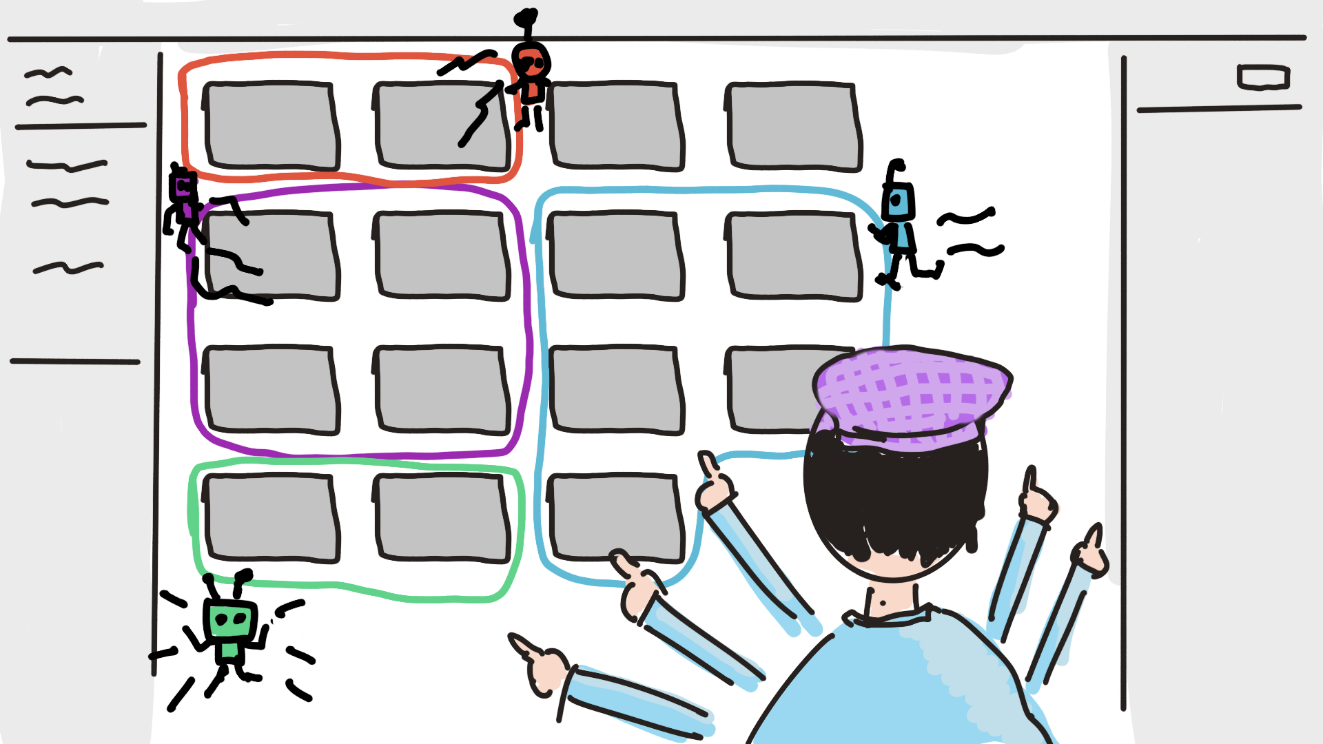 Hand-drawn sketch: a designer with many arms gestures across grouped Figma screens, each cluster watched by a small AI agent character.