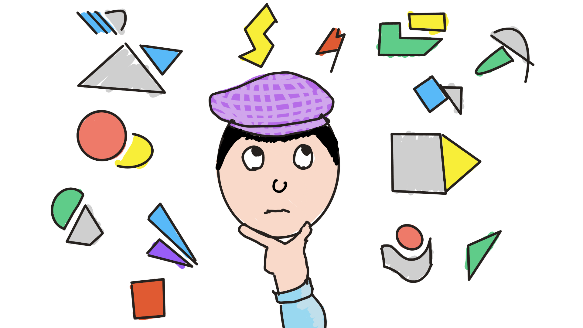 Hand-drawn sketch: a designer surrounded by colorful shapes and components floating on the canvas, exploring options.